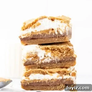 stack of three peanut butter s'mores bars