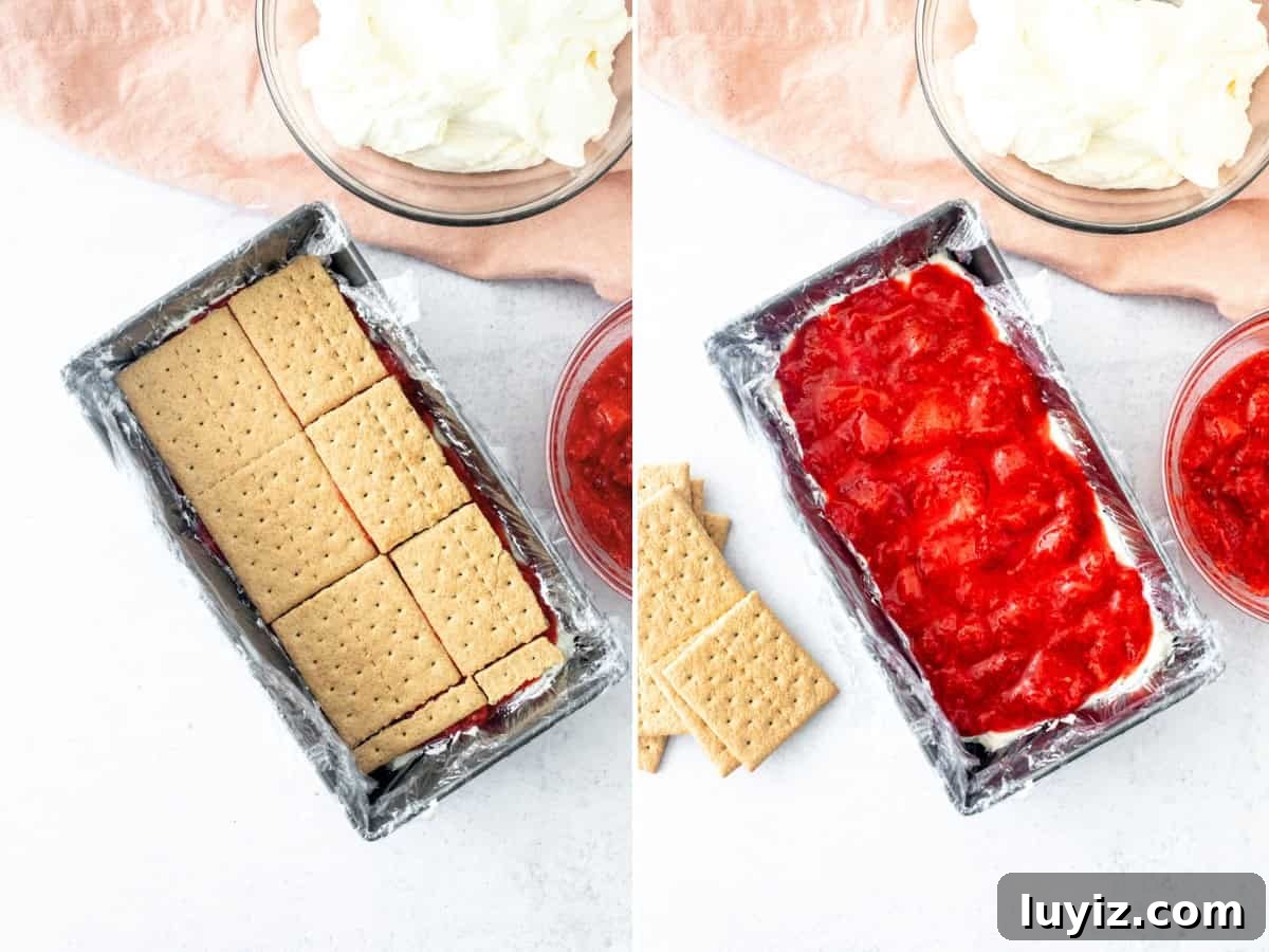 Assembling a strawberry icebox cake in a loaf pan