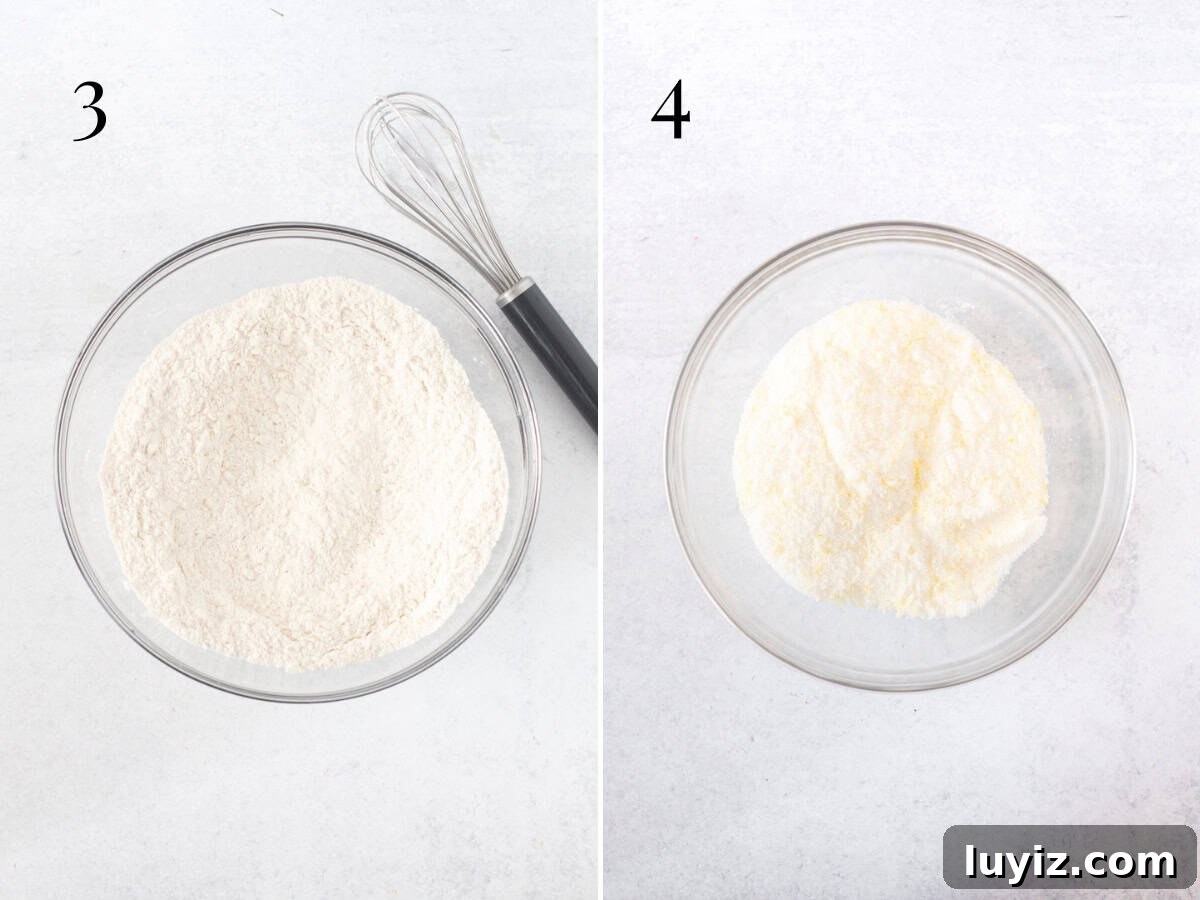 Moist Lemon Zucchini Cake with Lemon Glaze 5 bowl of dry ingredients, and bowl of sugar with lemon zest mixed in