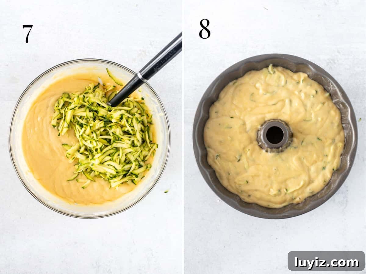 Moist Lemon Zucchini Cake with Lemon Glaze 7 grated zucchini folded into bowl of lemon cake batter, and unbaked lemon zucchini cake