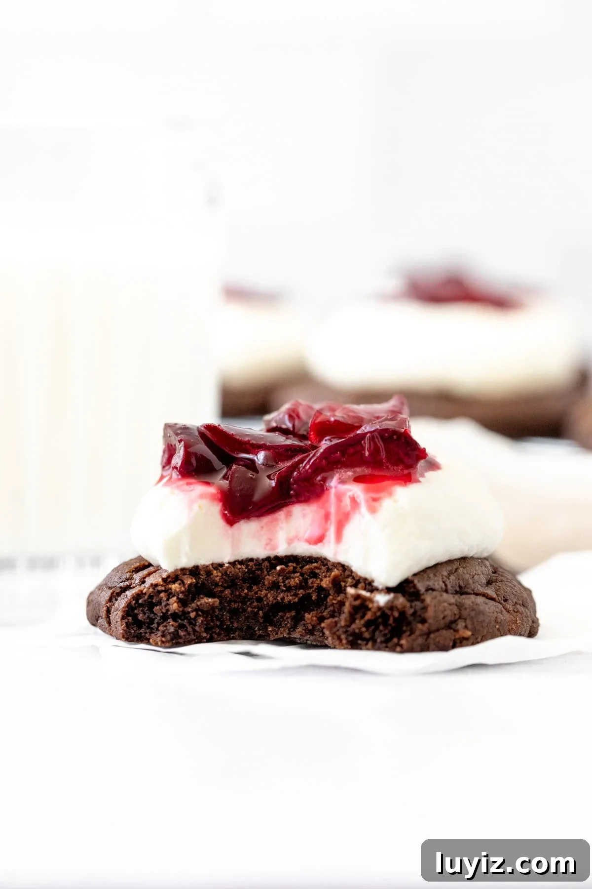 Black Forest Cherry Chocolate Cookies Recipe 6 fudgy black forest cookie with a bite taken out