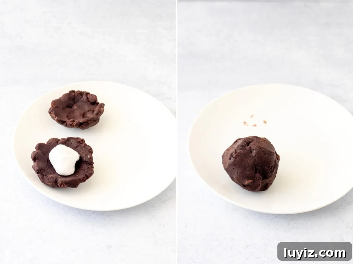 Gooey S'mores Chocolate Cookies Recipe 4 Collage of 2 photos, showing how to assemble s'mores stuffed chocolate cookies