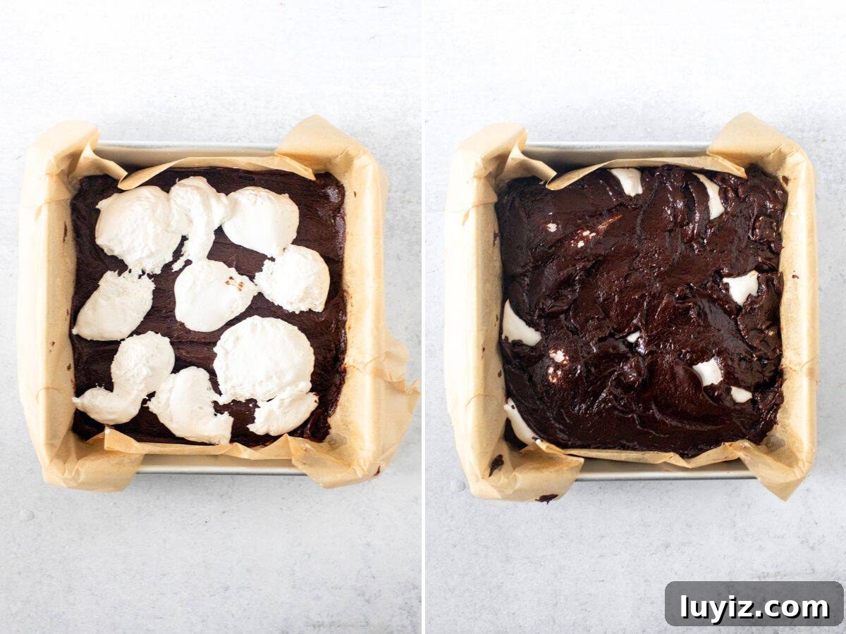 Lined pan, showing how to assemble marshmallow brownies