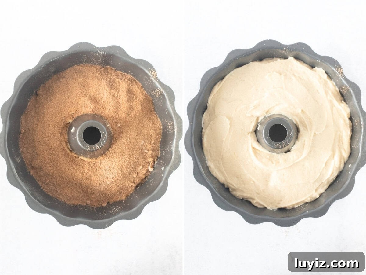 Cinnamon Swirl Bundt Cake with Cream Cheese Glaze 4 Bundt pan with unbaked cinnamon bundt cake