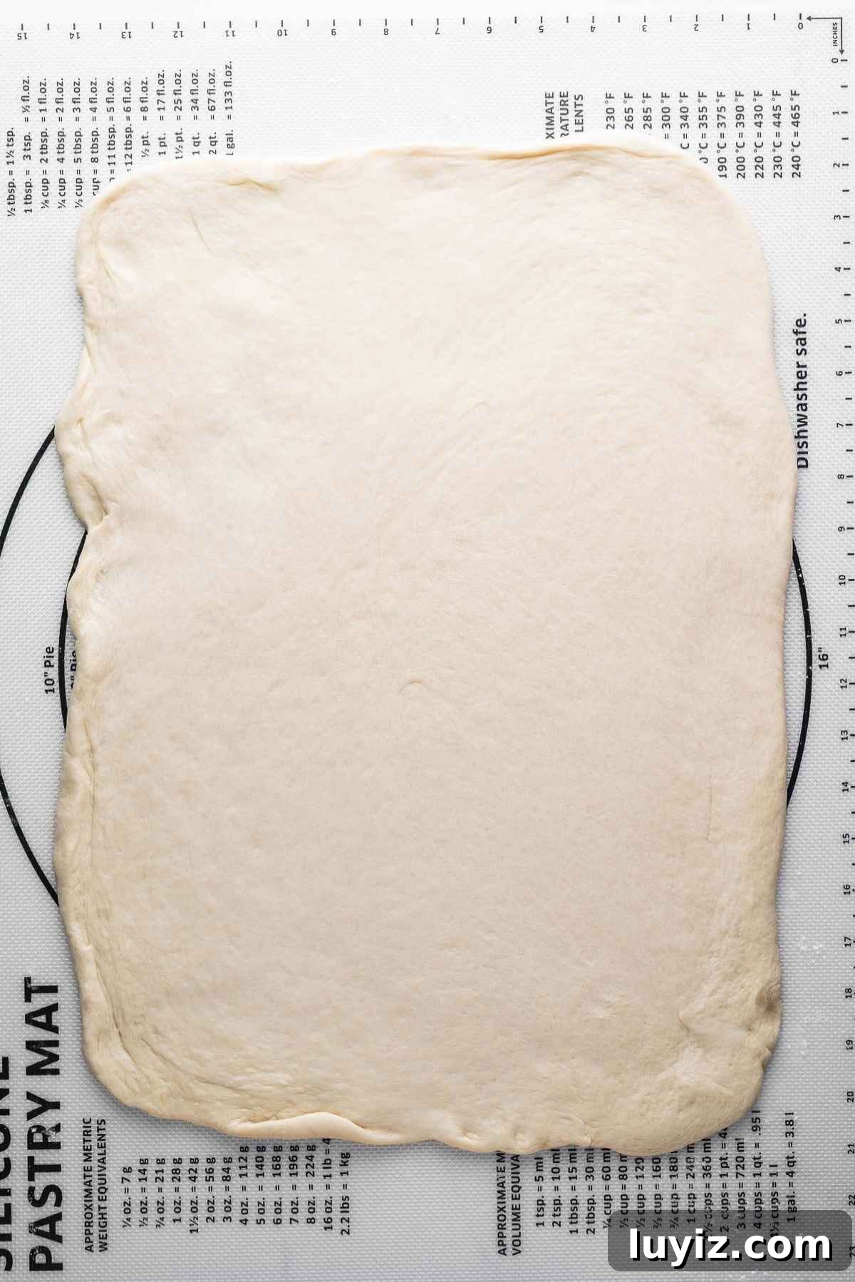 Dough rolled out to a rectangle.