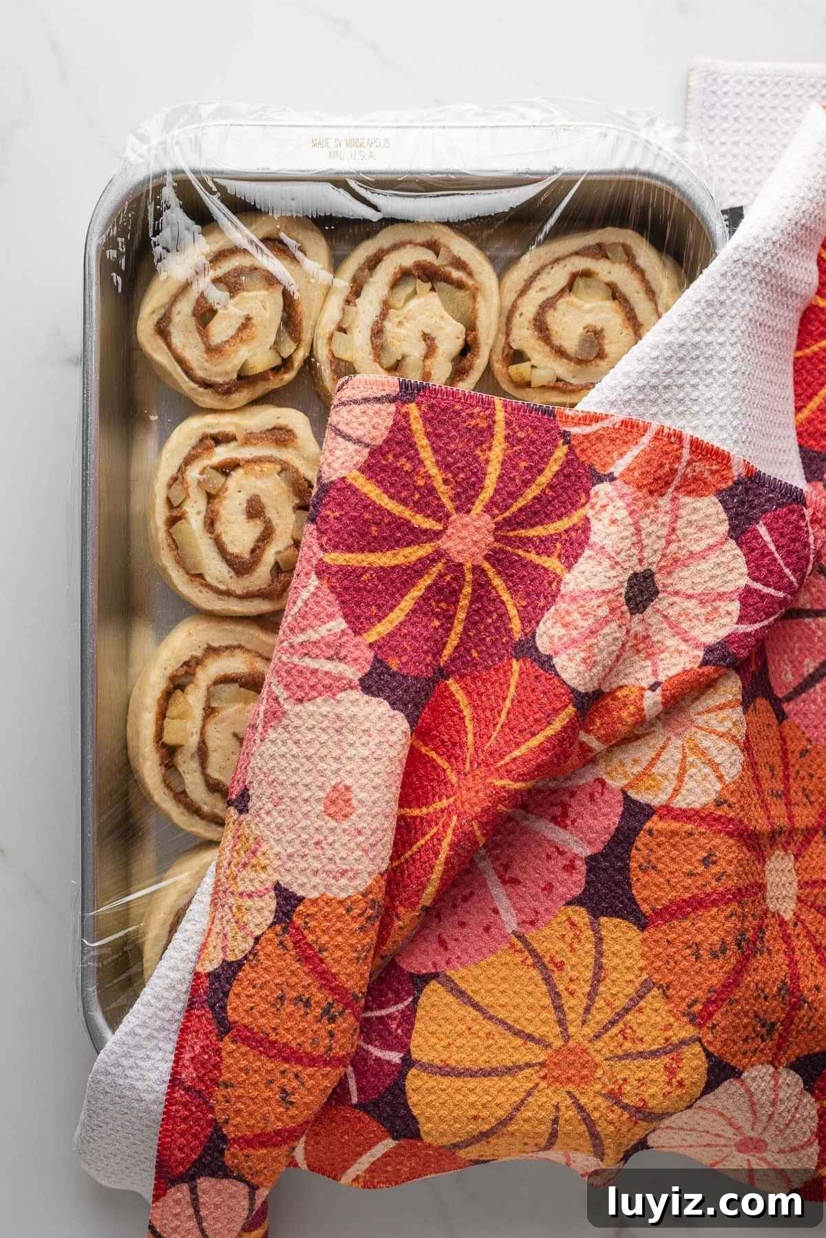 Apple cinnamon rolls covered for second rise.