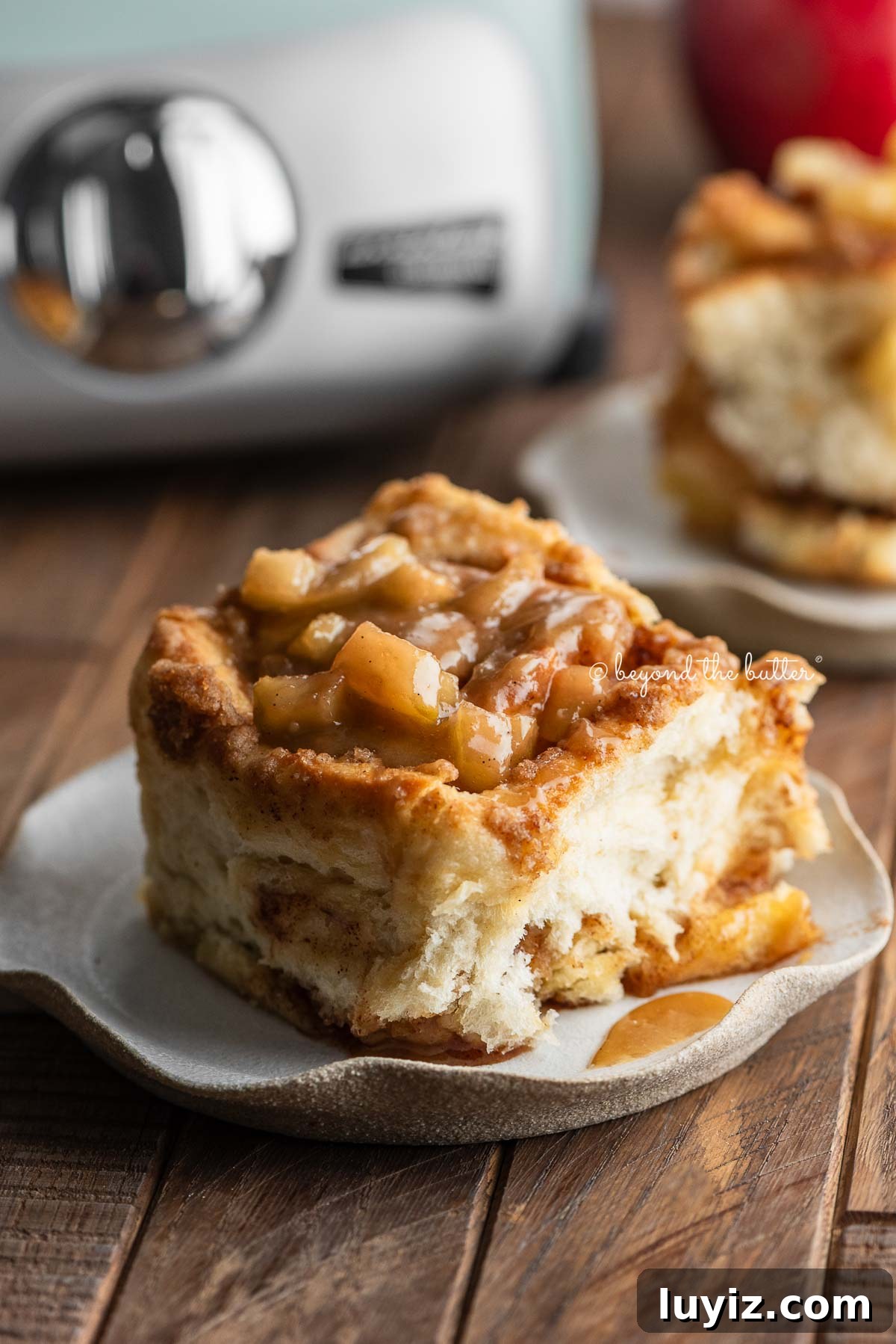 Apple cinnamon rolls on plates in front of a mixer.